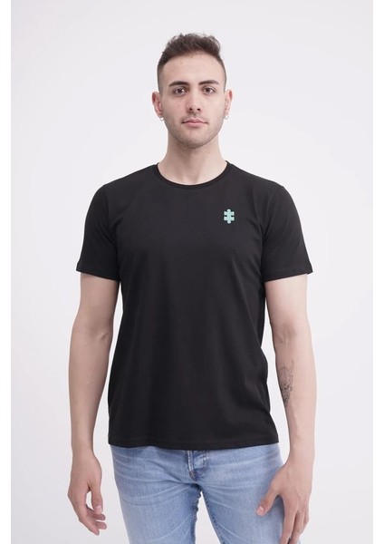 23SCTS235U Puzzle Nakışlı Bisiklet Yaka Siyah Tshirt indirimleri