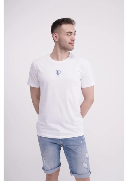 23SCTS240U Uçan Balon Nakışlı Bisiklet Yaka Beyaz Tshirt