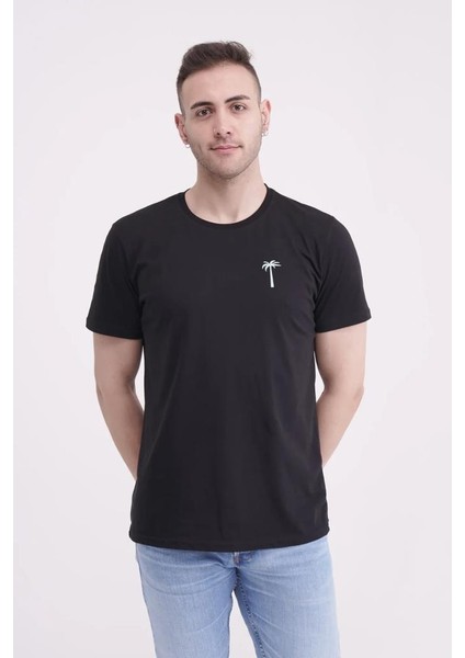 23SCTS228U Palmiye Nakışlı Bisiklet Yaka Siyah Tshirt