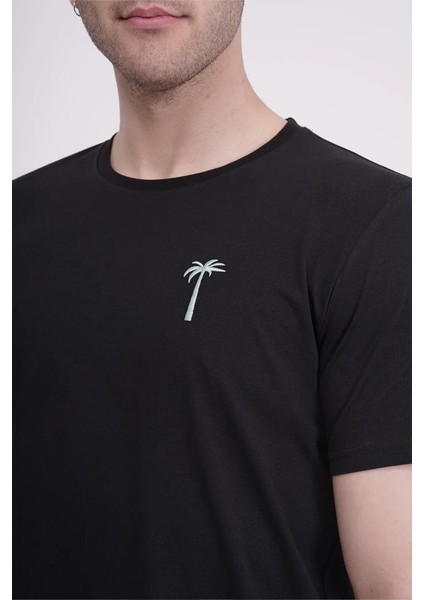 23SCTS228U Palmiye Nakışlı Bisiklet Yaka Siyah Tshirt modelleri