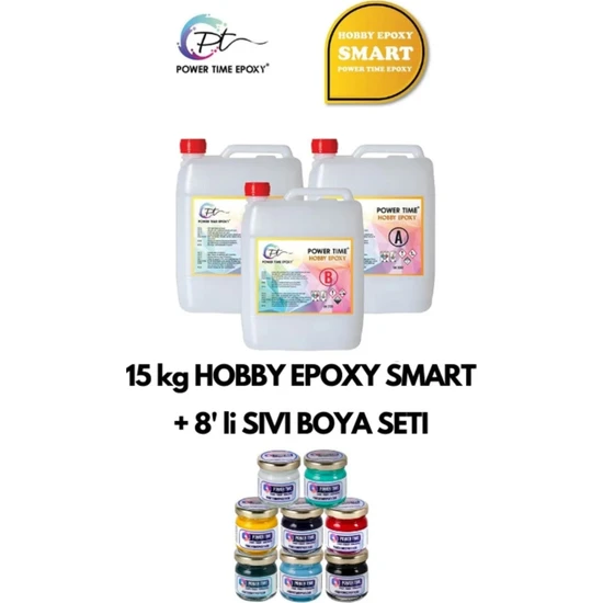 Power Time Epoxy 15 kg Hobby Epoxy Smart + 8'li Sıvı Epoksi Boya Seti/ Şeffaf Epoksi Reçine Ince Döküm