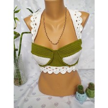 Mam Shop Crop Top Büstiyer Zeytin Yeşili Beyaz Renk Handmade