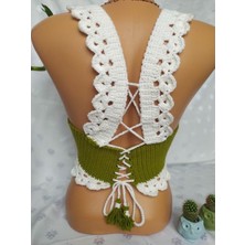 Mam Shop Crop Top Büstiyer Zeytin Yeşili Beyaz Renk Handmade