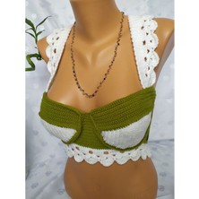 Mam Shop Crop Top Büstiyer Zeytin Yeşili Beyaz Renk Handmade