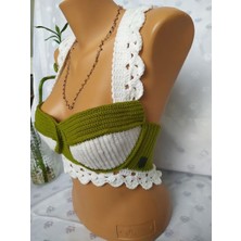 Mam Shop Crop Top Büstiyer Zeytin Yeşili Beyaz Renk Handmade