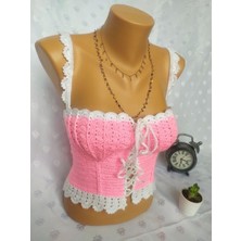 Mam Shop Crop Top Büstiyer Şeker Pembe Beyaz Renk Handmade