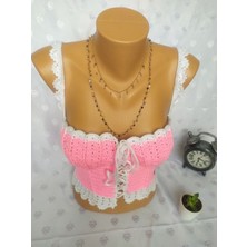 Mam Shop Crop Top Büstiyer Şeker Pembe Beyaz Renk Handmade