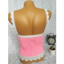 Mam Shop Crop Top Büstiyer Şeker Pembe Beyaz Renk Handmade