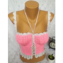 Mam Shop Crop Top Büstiyer Şeker Pembe Beyaz Renk Handmade