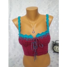 Mam Shop Crop Top Büstiyer Vişne -Mavi Renk Handmade