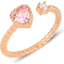 Söğütlü Silver Gümüş Rose Pembe Taşlı Kalp Modeli Ayarlamalı Yüzük
