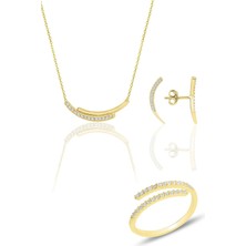 Söğütlü Silver Gümüş Altın Yaldızlı Zirkon Sıra Taşlı Kolye Küpe ve Yüzük Üçlü Set