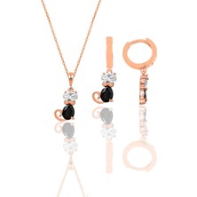 Söğütlü Silver Gümüş Rose Zirkon Taşlı Özel Tasarım Kedi Kolye ve Küpe Ikili Set