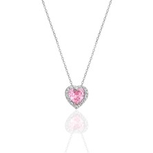 Söğütlü Silver Gümüş Rodyumlu Pembe Taşlı Pırlanta Montürlü Kalp Modeli Kolye