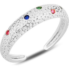 Söğütlü Silver Gümüş Rodyumlu Renkli Taşlı Modern Tasarımlı Ayarlamalı Yüzük