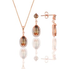 Söğütlü Silver Gümüş Rose Zultanit Taşlı Damla Modeli Kolye ve Küpe Ikili Set