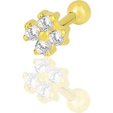 Söğütlü Silver Gümüş Altın Yaldızlı Zirkon Taşlı Dört Yapraklı Yonca Tragus Helix Piercing Küpe