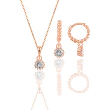 Söğütlü Silver Gümüş Rose Zirkon Taşlı Kolye ve Küpe Ikili Set