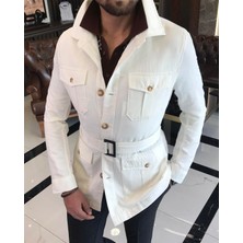 Terzi Adem İtalyan stil slim fit keten pamuk karışımı gömlek yaka erkek trençkot ekru T9601