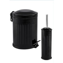 Depposite Vintage 2 Li Çöp Kovası Çöp Kutusu Banyo Seti Çizgili Model Siyah 5 Litre ve Wc Fırçası Seti