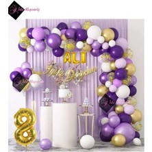 Bkmc 3 Harf Isimli ve Yaş Folyolu Macaron Mor Balon Zinciri Seti Gölge Mor Altın Balon Dekorasyon