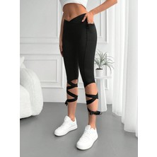 AQE FASHION Yüksek Belli, Çapraz Kemerli, Ip Detaylı Siyah Tayt