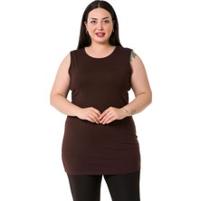 Disentis Modest Büyük Beden Yuvarlak Yaka Kalın Askılı Viskon Uzun Kahverengi Body