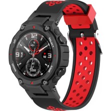 Daart Huami Amazfit T-Rex / T-Rex Pro / Ares Için Çift Renkli 22MM Saat Bandı Silikon Saat Kayışı Yedek Saat Bandı Çok Delikli Tasarımlı-Siyah / Kırmızı (Yurt Dışından)