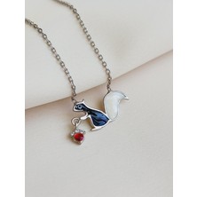 925 Ayar Gümüş Mineli Sincap Model Çocuk Kolye Siyah-beyaz Yılbaşı Yeni Yıl Hediye