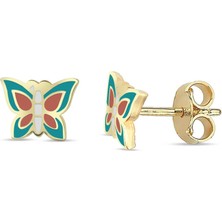 Lilarote Kelebek Desenli Çocuk Altın Küpe