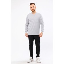 Çamdalı Iş Elbiseleri V Yaka Gri Uzun Kollu Sweatshirt Süprem Iş Tişörtü