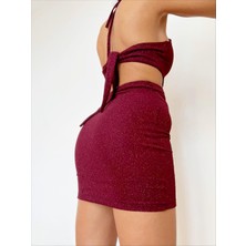 Moda Diyala Bordo Halter Yaka Bağlama Detaylı Slim Mini Elbise