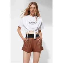 Hazelin Kadın Beyaz Yazı Baskılı Oversize Vatkalı  Bel Detay Örme T-Shirt  HZL23S-DSB120231