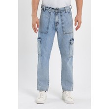 Damga Beli Kemerli Rahat Kalıp Denim Taş Yıkamalı Kot Kargo Cep Pantolon Buz Mavi Buz Mavi