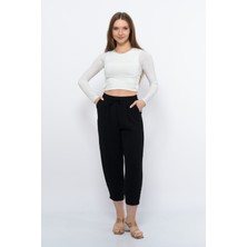 Sh Mağazacılık Ince Yazlık Kadın Yüksek Bel Rahat Salaş Pamuklu Slouchy Fit Basic Beli Lastikli Bilek Boy Pantolon