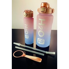 Ily H2O Fit Motivasyonel 2 Li Set Su Matarası, Su Şişesi, Suluk ve Tritan Sporcu Matarası (Pembe-Mavi)