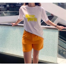 Sinhan Sarı New York Baskılı Oversize Kısa Kollu Bisiklet Yaka T-Shirt