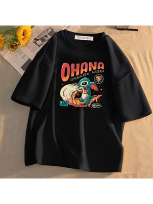 Touz Moda Ohana Baskılı Siyah Oversize T-Shirt