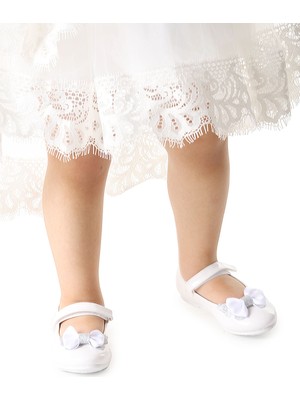 Kiko Kids Taşlı Cırtlı Kız Çocuk Fiyonklu Babet Ayakkabı Ege 204 Rugan Beyaz