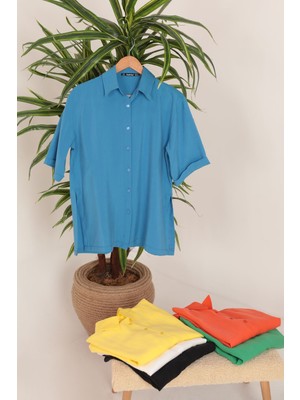 Kaktüs Moda Modal Kumaş Kısa Kol Kadın Gömlek Mavi