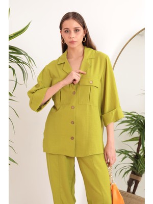 Kaktüs Moda Keten Kumaş Kemer Detay Cepli Kadın Tunik Yağ Yeşili