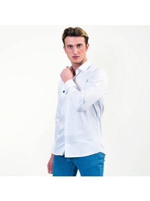 Exve Exclusive Beyaz 100% Pamuk Saten Elegant Sade Fransız Duble Manşet Kol Düğmeli Gömlek