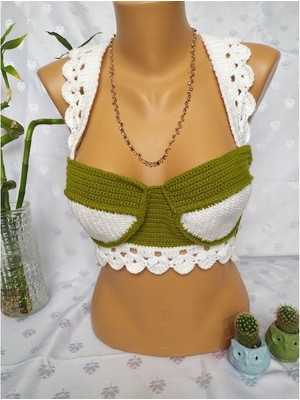 Mam Shop Crop Top Büstiyer Zeytin Yeşili Beyaz Renk Handmade