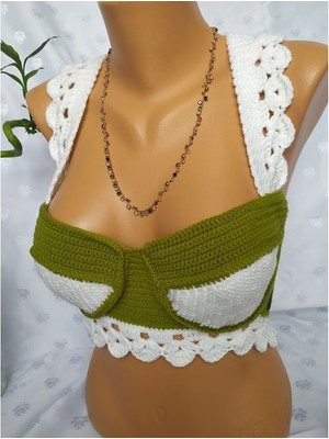 Mam Shop Crop Top Büstiyer Zeytin Yeşili Beyaz Renk Handmade