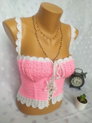 Mam Shop Crop Top Büstiyer Şeker Pembe Beyaz Renk Handmade