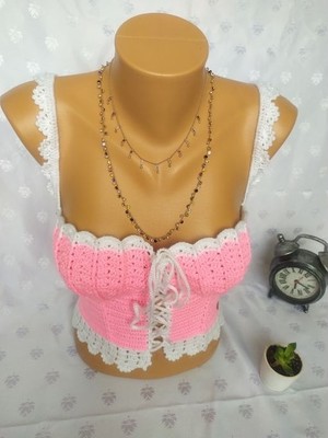 Mam Shop Crop Top Büstiyer Şeker Pembe Beyaz Renk Handmade