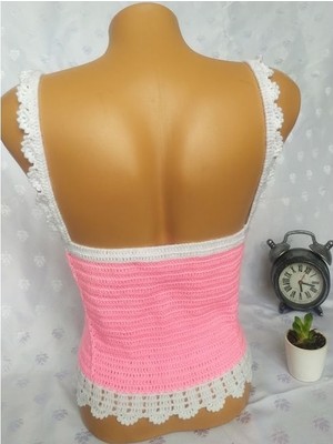 Mam Shop Crop Top Büstiyer Şeker Pembe Beyaz Renk Handmade