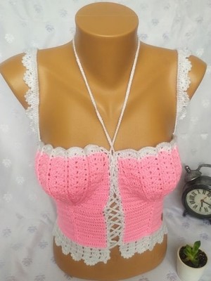 Mam Shop Crop Top Büstiyer Şeker Pembe Beyaz Renk Handmade