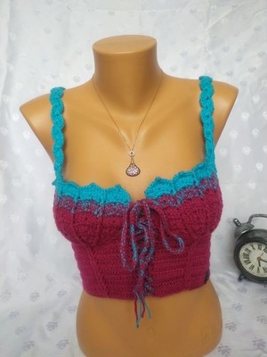 Mam Shop Crop Top Büstiyer Vişne -Mavi Renk Handmade