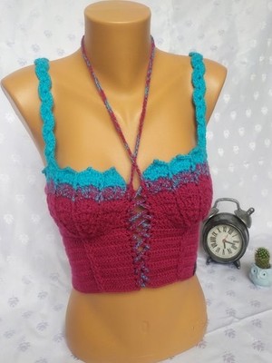 Mam Shop Crop Top Büstiyer Vişne -Mavi Renk Handmade